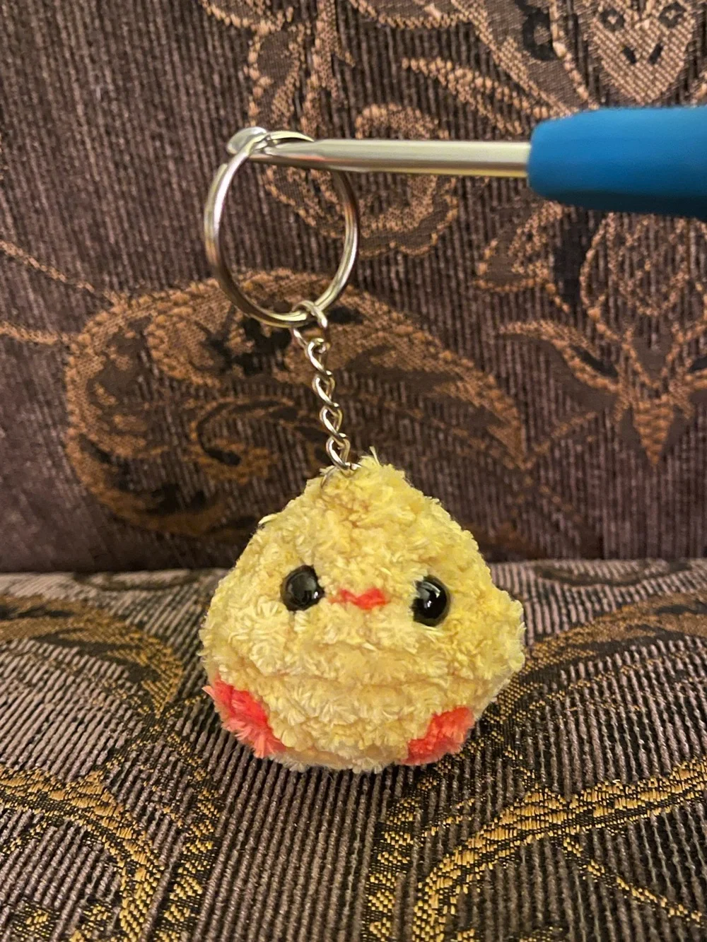 Handmade Crochet Plush Chick Keychain - Yellow with Coral Accents